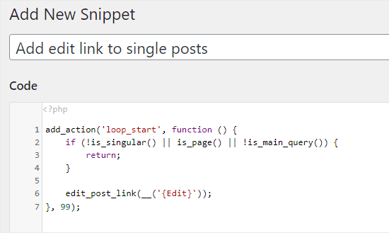 code snippet to add edit link to single posts