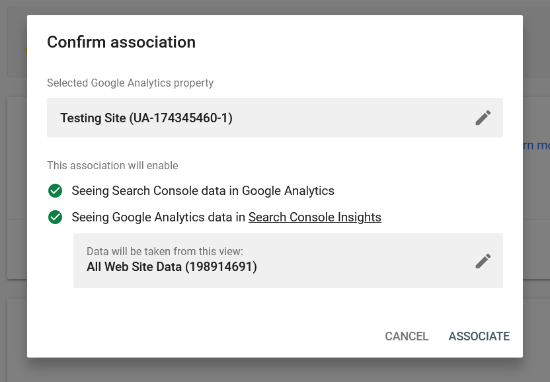 Подтвердите ассоциацию между Analytics и Search Console