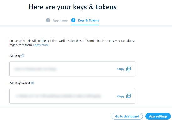 Скопируйте ключ и секрет API