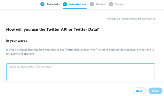 Введите ответы для API Twitter и предполагаемое использование данных