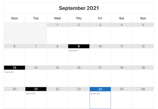 Example of Google Calendar events