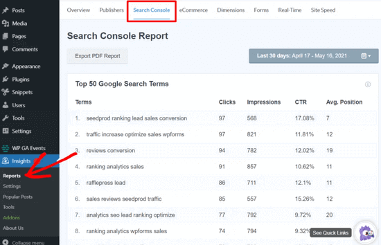Dati della console di ricerca di MonsterInsights Dati di MonsterInsights Google Search Console per le principali parole chiave