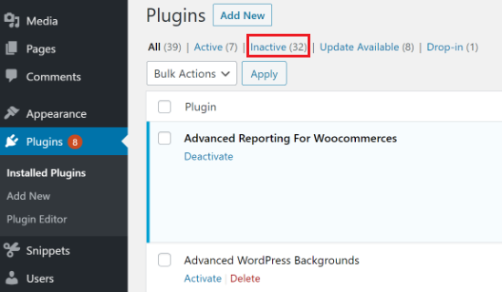 Inactive plugins in WordPress