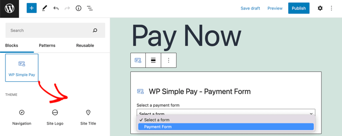 Добавление блока WP Simple Pay к посту или странице