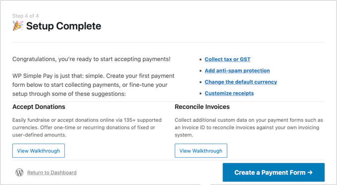 راه اندازی WP Simple Pay کامل شده است