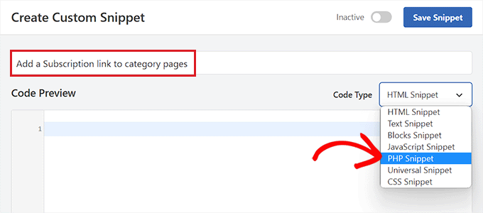Choose PHP code type for code snippet to add subscription links to category pages