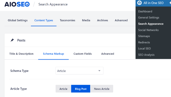 Schema markup in AIOSEO settings