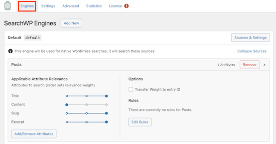 The SearchWP default search engine settings