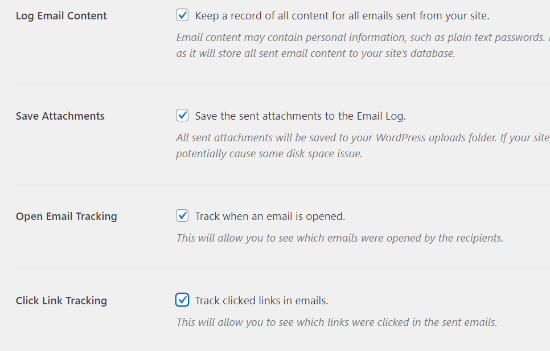 Additional email log settings