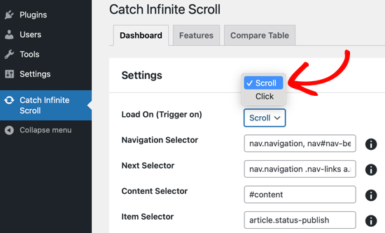 Catch Infinite Scroll Settings