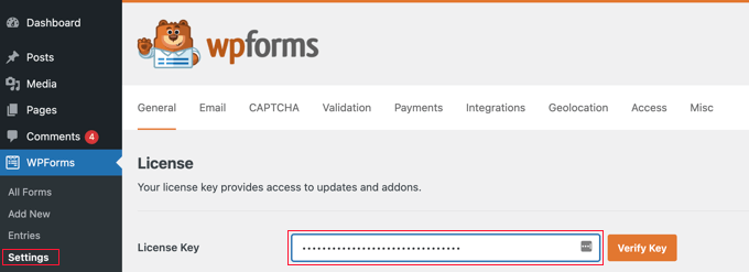 Ввод лицензионного ключа WPForms