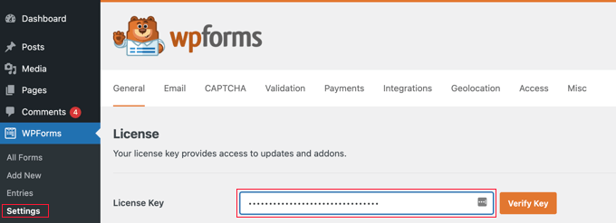 WPForms lisans anahtarının girilmesi