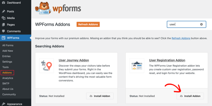 The WPForms user registration addon