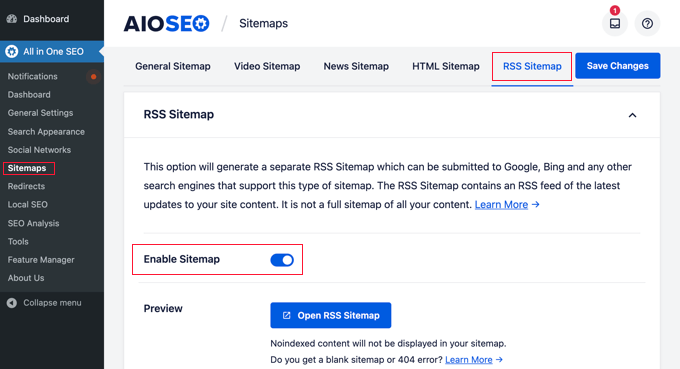 AIOSEO RSS Sitemap