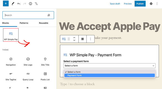 Добавьте блок WP Simple Pay в пост или на страницу