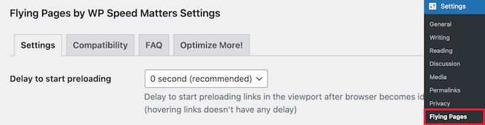 Flying Links settings set the preloader delay