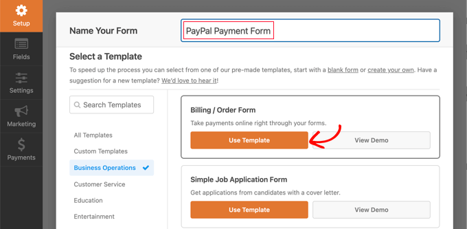 Select the Billing / Order Form Template