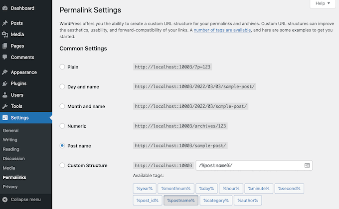The WordPress Permalink settings.