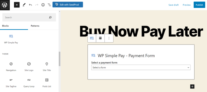 Добавьте блок WP Simple Pay
