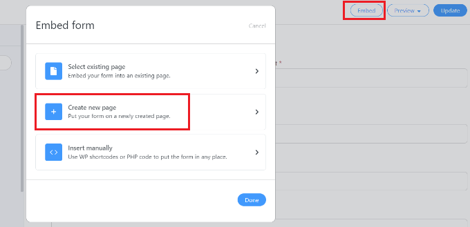 Embed your form in a new page