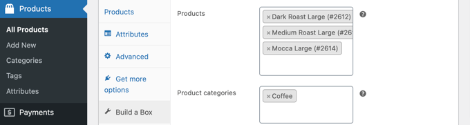 محصولات یا دسته بندی محصول را که می توان به جعبه اضافه کرد انتخاب کنید