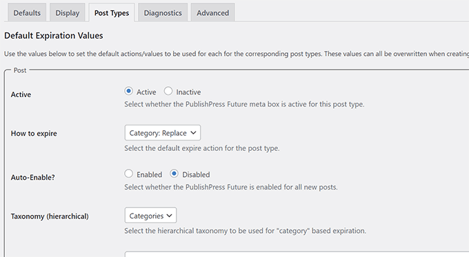 Enable defaults for post types