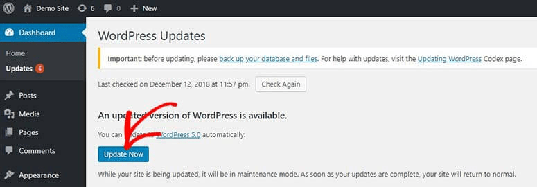 Обновление ядра WordPress из панели инструментов