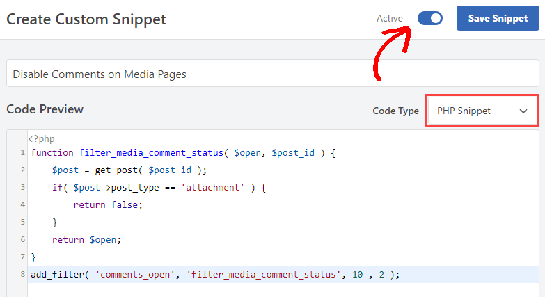 WPCode disabling all comments on media 