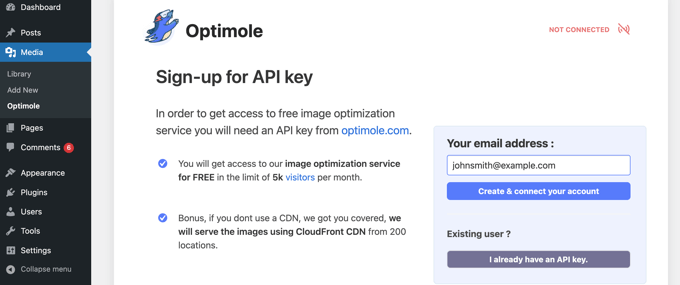 شما به یک کلید API Optimole نیاز دارید