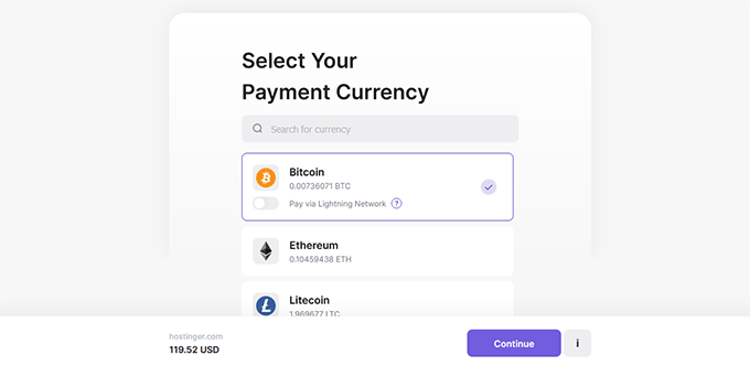 Select cryptocurrency