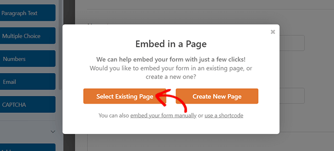 Select existing page option