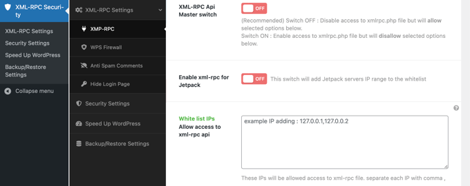 The Disable XML-RPC-API Plugin Settings