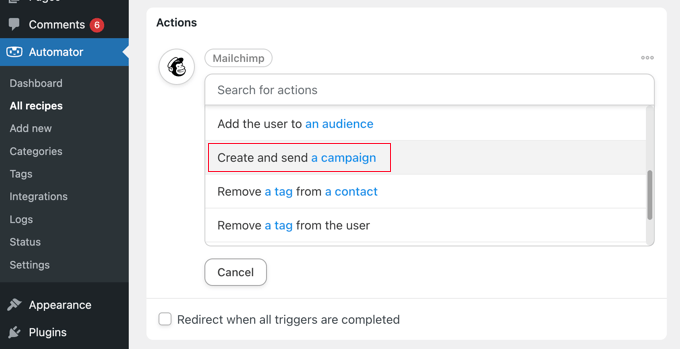 Choosing the Uncanny Automator 'Create and send a campaign' Action