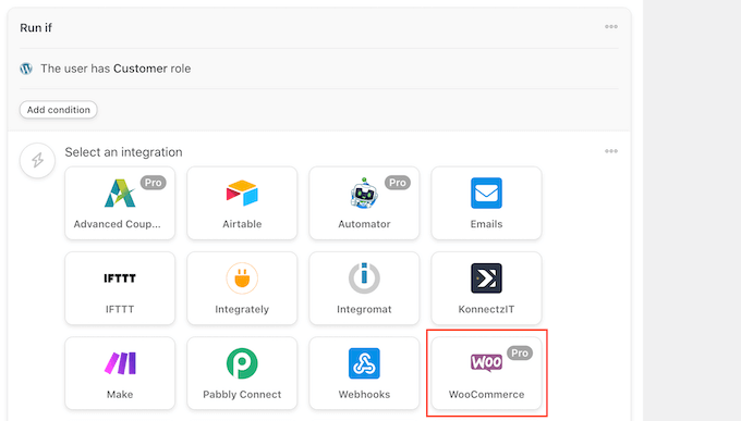 Selecting the WooCommerce eCommerce plugin as an integration