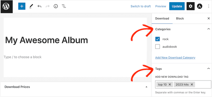 Adding product tags and categories to your music website