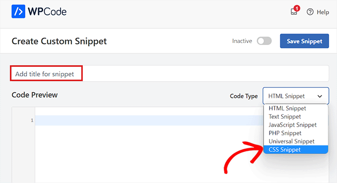 选择 CSS Snippet 作为代码类型