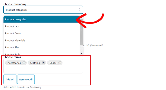 Select a taxonomy alternative from the dropdown menu and after that compose terms for the classifications