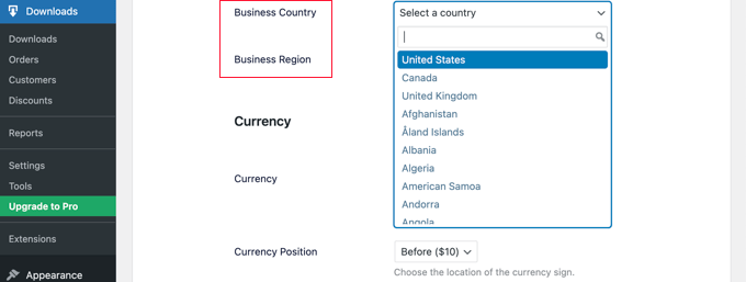 Easy Digital Downloads Setup Select a Country