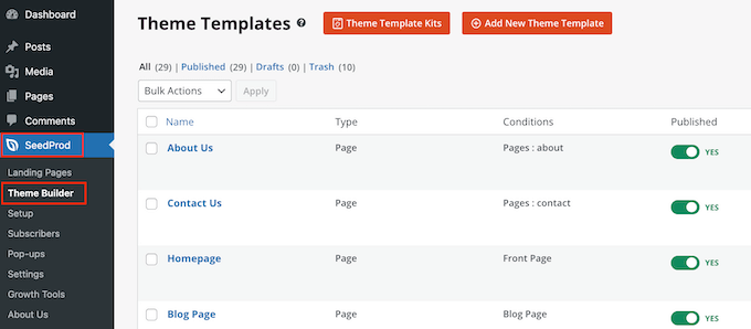 A list of design template set parts in the WordPress control panel