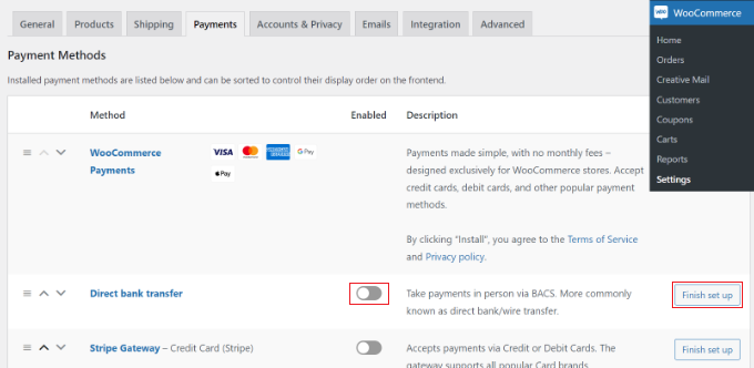 Enable payment services in WooCommerce